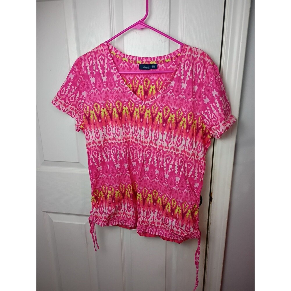 Basic Editions Woman XL V Neck Vibrant Blouse Scrunch Sides casual comfort vacay